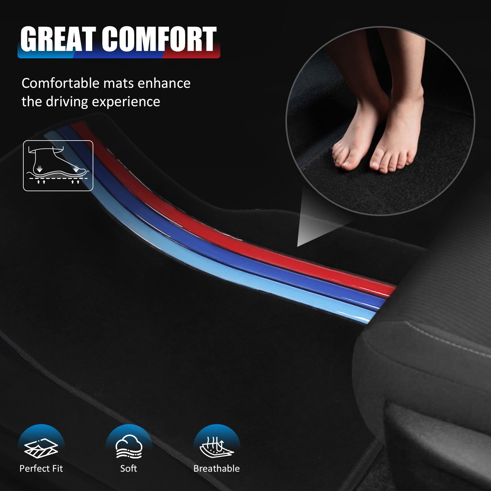 99-06 E46 M3 Floor Mats Black M Color Stripe Carpet Front Rear Nylon FOR: (BMW)