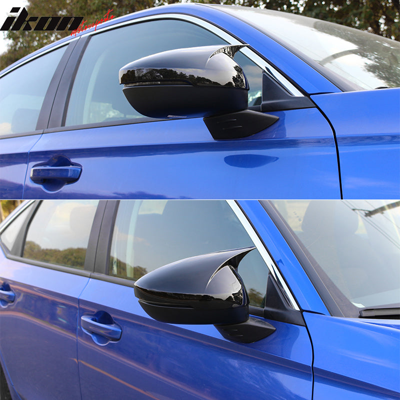 IKON MOTORSPORTS, Mirror Cover Compatible With 2022-2023 Honda Civic Sedan & Hatchback 4-Door, Horns Style ABS Plastic Rear View Side Mirror Cover Cap Trim 2PCS