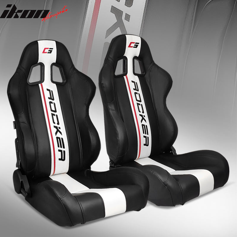 Universal Black White Stripe Racing Seat with Dual Sliders PU Leather