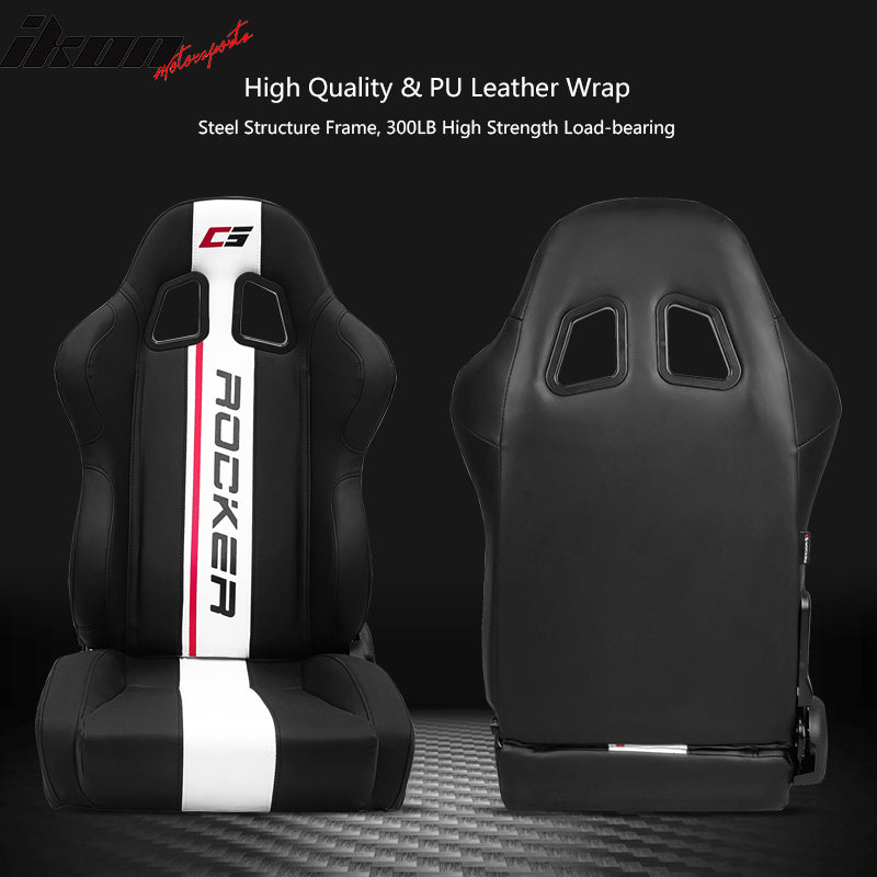 IKON MOTORSPORTS, Universal Racing Seats with Dual Sliders, Reclinable PU Leather Stripe Sport Bucket Seats, 1 Pair Driver + Passenger Side