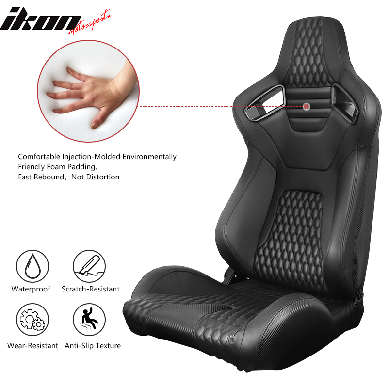 Universal Pair Reclinable Racing Seats Dual Sliders PU&Carbon Leather Honeycomb