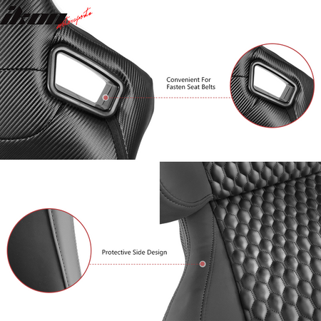 Universal Pair Reclinable Racing Seats Dual Sliders PU&Carbon Leather Honeycomb