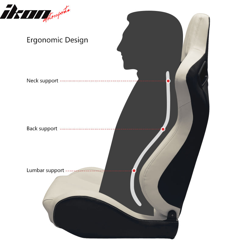 IKON MOTORSPORTS, Universal Racing Seats Pair with Dual Sliders, PU & Carbon Leather White Reclinable Left Right