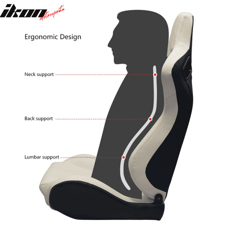 IKON MOTORSPORTS, Universal Racing Seats Pair with Dual Sliders, PU & Carbon Leather White Reclinable Left Right
