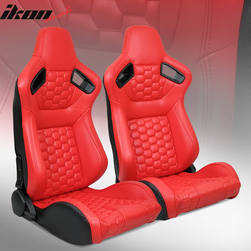 IKON MOTORSPORTS Universal Racing Seats with Dual Sliders Reclinable PU Carbon Leather with Hexagonal Quilting Sport Bucket Seats 1 Pair Driver Passenger Side Ikon Motorsports