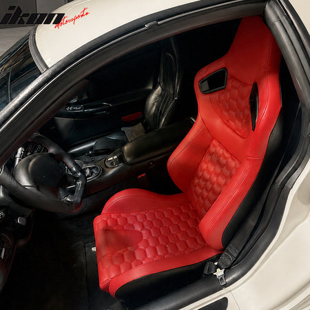 Universal X2 Reclinable Honeycomb Racing Seat +Dual Slider Red PU Carbon Leather
