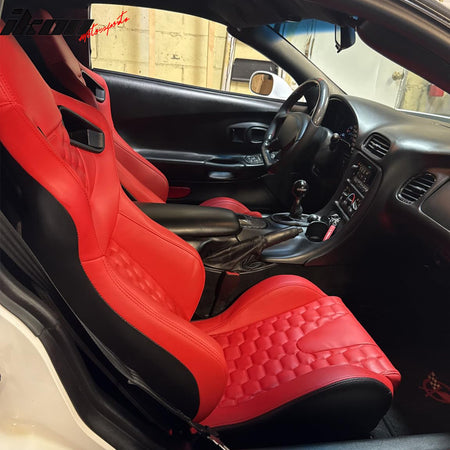 Universal X2 Reclinable Honeycomb Racing Seat +Dual Slider Red PU Carbon Leather