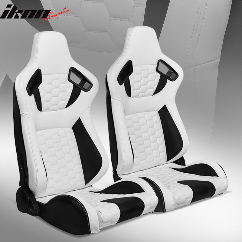 IKON MOTORSPORTS, Universal Racing Seats with Dual Sliders, Reclinable PU + Carbon Leather with Hexagonal Quilting Sport Bucket Seats, 1 Pair Driver + Passenger Side