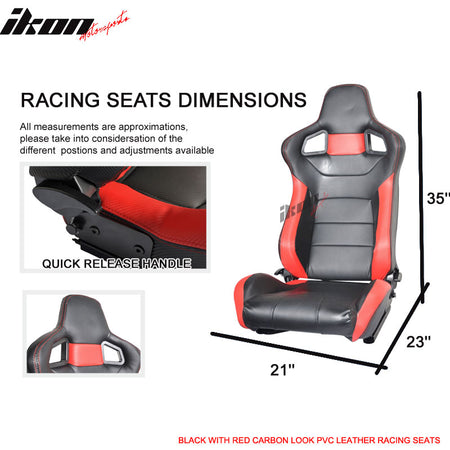 Racing Seat Compatible With Most Vehicles Bucket Style Carbon Fiber Print Black/Red PVC Leather Pair by IKON MOTORSPORTS, 1997 1998 1999 2000 2001 2002 2003 2004 2005 2006 2007 2008 2009 2010 2011