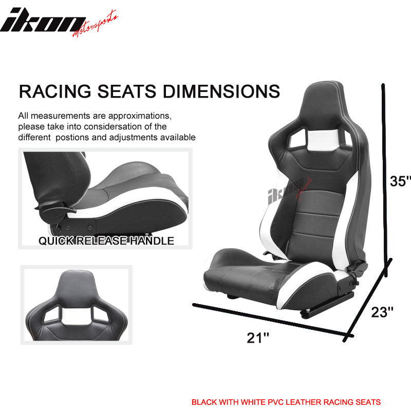 Racing Seat Compatible With Most Vehicles Bucket Style Black/White PVC Leather Pair Of Reclinable Sport Racing Seats by IKON MOTORSPORTS, 1997 1998 1999 2000 2001 2002 2003 2004 2005 2006 2007 2008