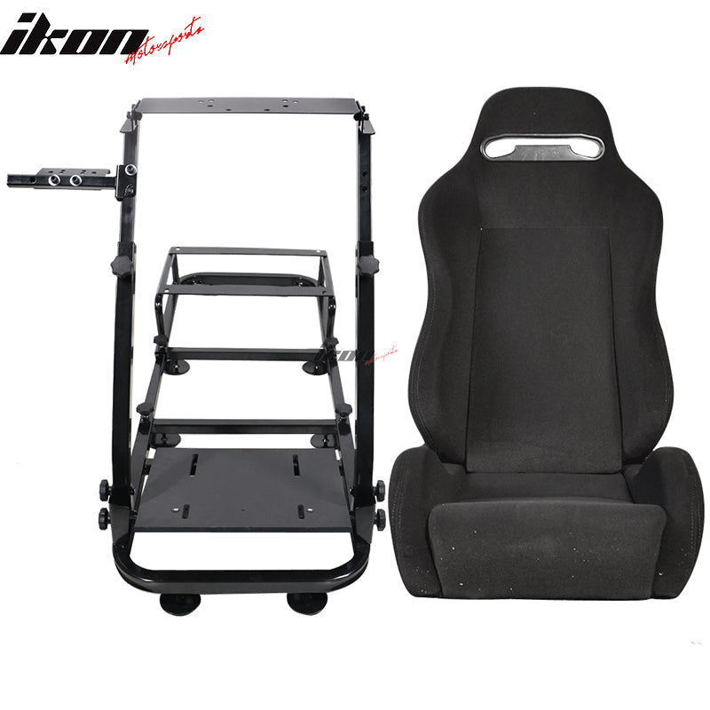 Racing Seat Compatible With universal, Black Cloth With Black Stitch Cockpit Driving Simulator Gaming Chair Playseats W/Gear Pedals Mount, by IKON MOTORSPORTS