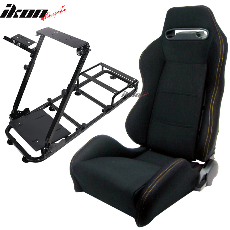 Racing Seat Compatible With universal, JDM Style Black Cloth With Yellow Stitch Cockpit Driving Simulator Gaming Chair Playseats W/Gear Pedals Mount, by IKON MOTORSPORTS
