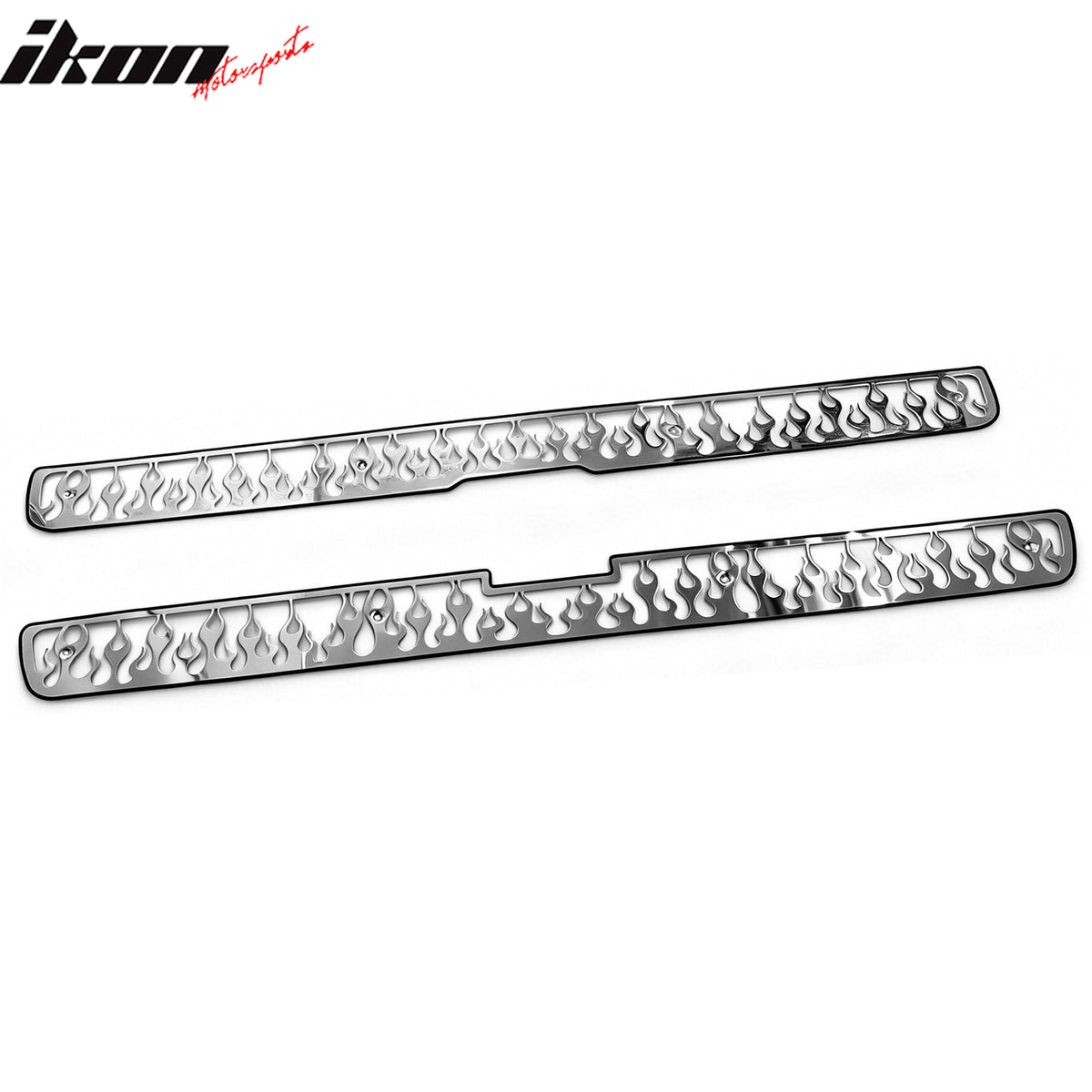 IKON MOTORSPORTS Front Upper Grille Overlay Insert, Compatible with 1999-2002 Chevy Silverado 1500/1500 HD/2500/2500 HD/3500, Flame Design Chrome Stainless Steel Replacement Front Bumper Grill, 2PCS