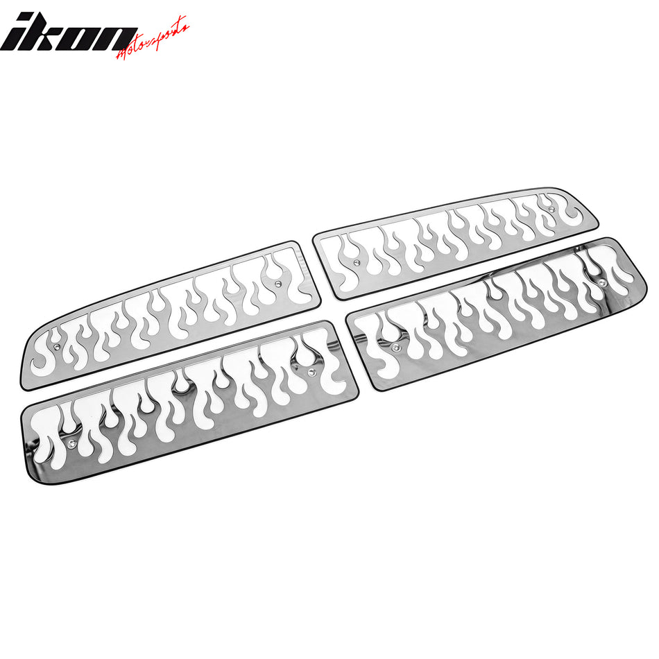 IKON MOTORSPORTS Front Upper Insert Grille, Compatible with 2002-2005 Dodge Ram 1500 & 2003-2005 Dodge Ram 2500/3500, Flame Design Chrome Replacement Stainless Steel Front Bumper Hood Grill 4PCS