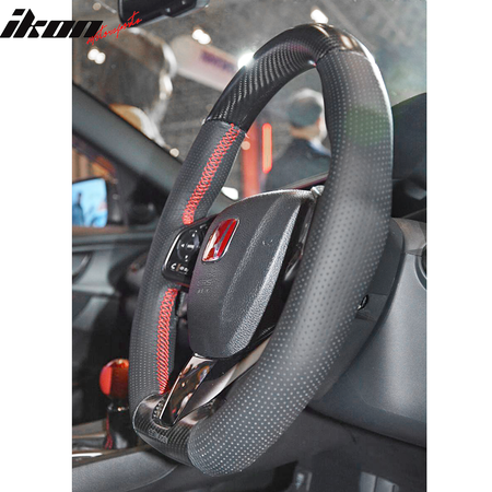 IKON MOTORSPORTS, Steering Wheel Compatible With 2017-2021 Honda Civic, 10th Gen Type R Mugen Sports FK8 Dry Carbon Fiber + Leather Car Steering Wheel, 2018 2019 2020