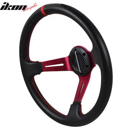 350MM PVC 6 Hole Steering Wheel Deep Dish Red Spoke Black Horn & Black Emblem