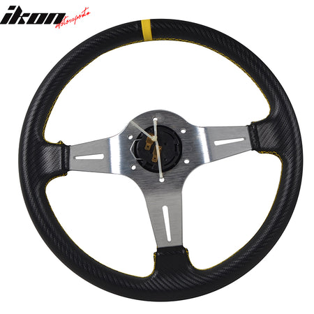 Universal 350MM Steering Wheel 6 Hole Silver Spoke Yellow & Black Emblem