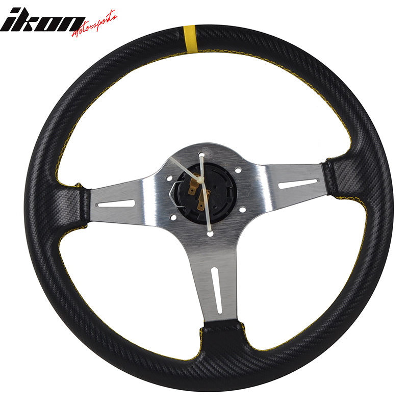 Universal Fitment 350MM PVC 6 Hole Steering Wheel Deep Dish Silver Spoke Yellow & Black Emblem by IKON MOTORSPORTS