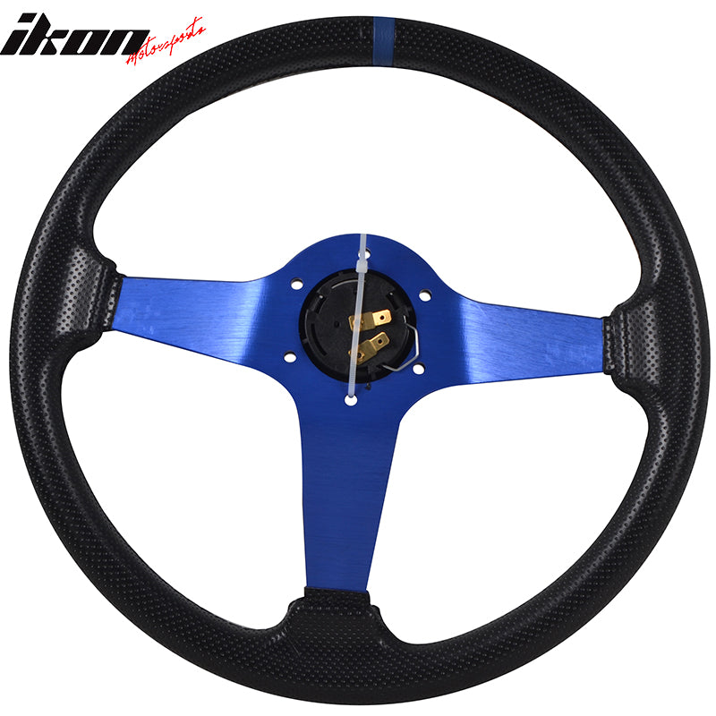 IKON MOTORSPORTS, 13.8" / 350mm Racing Steering Wheel, PVC and Aluminum Blue 3 Spokes with Horn Button, 6 Bolts, 12 Oclock Ring for Car / Game / Race