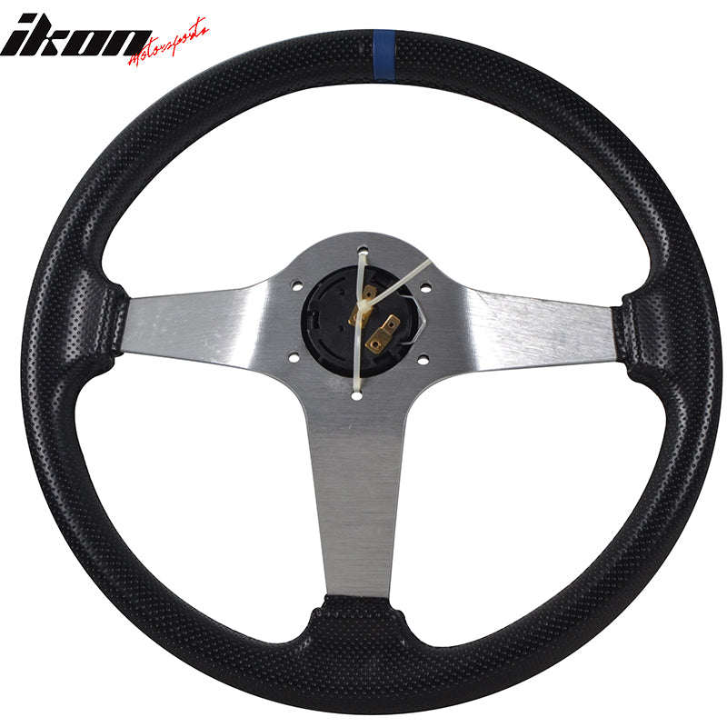 Universal Fitment 350MM PVC 6 Hole Steering Wheel Deep Dish Silver Spoke Blue Ring & Black Emblem by IKON MOTORSPORTS