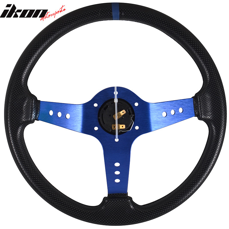 IKON MOTORSPORTS, 13.8" / 350mm Racing Steering Wheel, PVC and Aluminum Blue 3 Spokes with Horn Button, 6 Bolts, 12 Oclock Ring for Cars / Game / Race