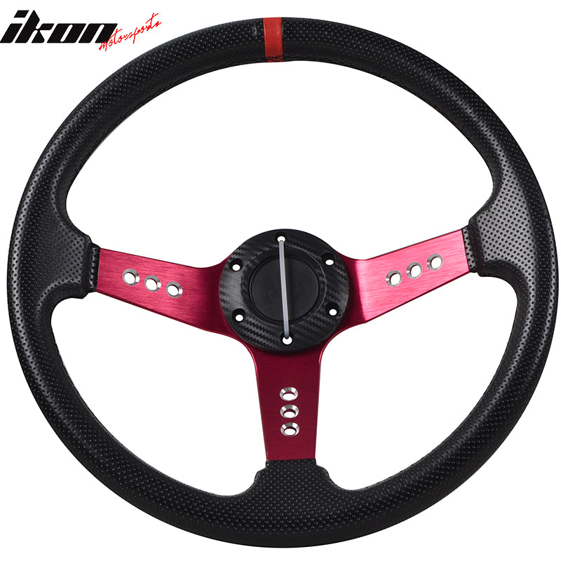 350MM Steering Wheel Deep Dish Red Spoke Horn Button & Emblem PVC
