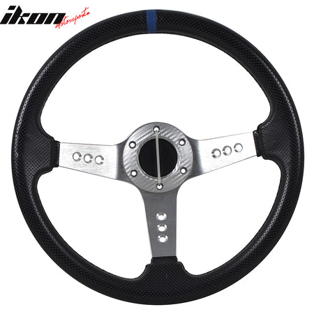 Universal 350MM 6 Hole Steering Wheel Deep Dish Silver Spoke Horn & Black Emblem