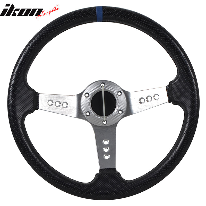 Universal Fitment 350MM PVC 6 Hole Steering Wheel Deep Dish Silver Spoke Horn & Black Emblem by IKON MOTORSPORTS