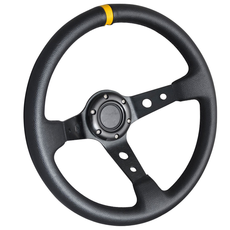 Steering Wheel Compatible With most cars, 350MM Universal Black PVC Leather Steering Wheel Yellow Deep Dish+ Horn Button by IKON MOTORSPORTS
