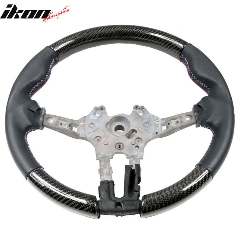 IKON MOTORSPORTS Steering Wheel Compatible With 2015-2021 BMW F80 F82 M Sport w/ Breathable Anti-Slip Cover Matte CF + Leather Cover + M Stitching