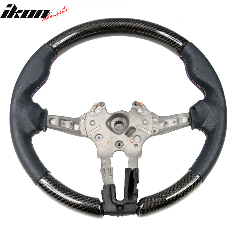 IKON MOTORSPORTS Steering Wheel Compatible With 2015-2021 BMW F80 F82 M w/ Breathable Anti-Slip Cover Matte CF + Perforated Leather + M Stitching