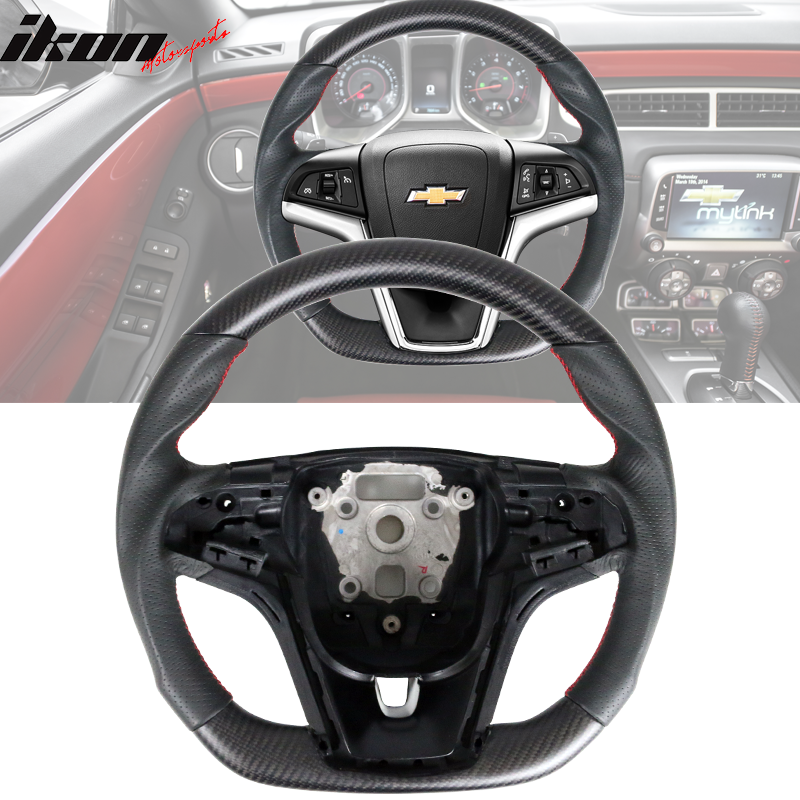IKON MOTORSPORTS, Steering Wheel Compatible With 2012-2015 Chevy Camaro, Black Carbon Fiber & Perforated Leather Steering Wheel Brushed Kit With Red Stitching