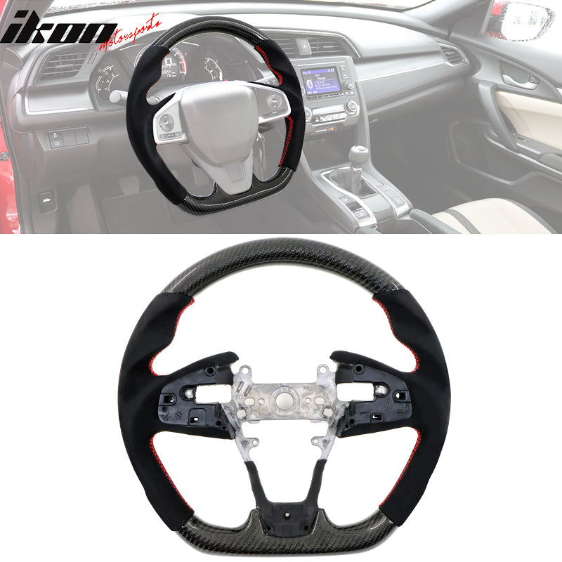 IKON MOTORSPORTS, Steering Wheel Compatible With 2016-2021 Honda Civic Gen 10th, Carbon Fiber Steering Wheel, 2017 2018 2019 2020
