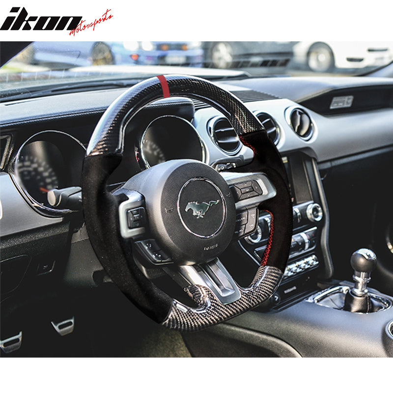 Fits 15-17 Mustang V3 Style Steering Wheel Matte Carbon Fiber Alcantara Red Ring