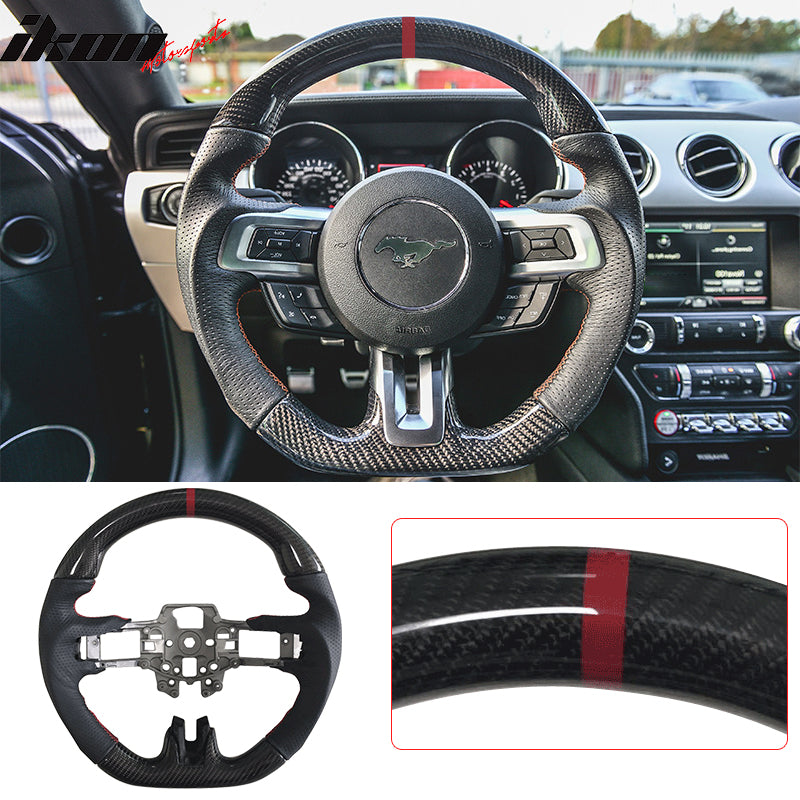 IKON MOTORSPORTS, Steering Wheel Compatible With 2015-2017 Ford Mustang, Black Carbon Fiber Steering Wheel Brushed Kit With Leather or Alcantara Red Stitching
