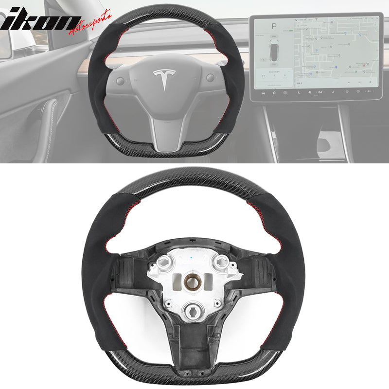 IKON MOTORSPORTS, Steering Wheel Compatible with 2017-2023 Tesla Model 3, 2020-2023 Tesla Model Y, Carbon Fiber Steering Wheel Brushed Kit