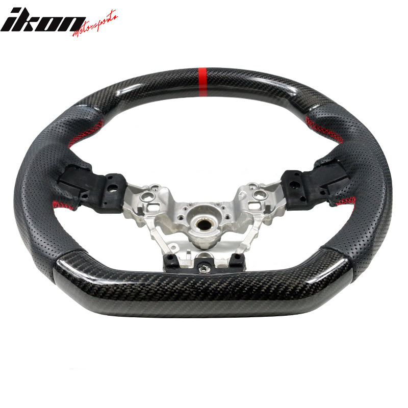 IKON MOTORSPORTS Steering Wheel Compatible With 2015-2021 Subaru WRX & STI w/ Breathable Anti-Slip Matte CF+Perf Leather+Red Stitching+Red Line
