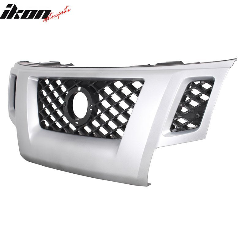 IKON MOTORSPORTS Front Upper Grille, Compatible with 2009-2013 Nissan Xterra, OE Style Black Silver PP Polypropylene Replacement Front Bumper Hood Grill