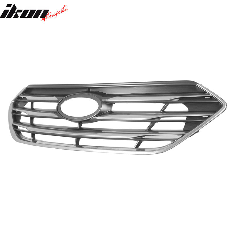 IKON MOTORSPORTS Front Upper Grille, Compatible with 2017-2018 Hyundai Santa Fe Sport, OE Style Chrome ABS Replacement Front Bumper Hood Grill