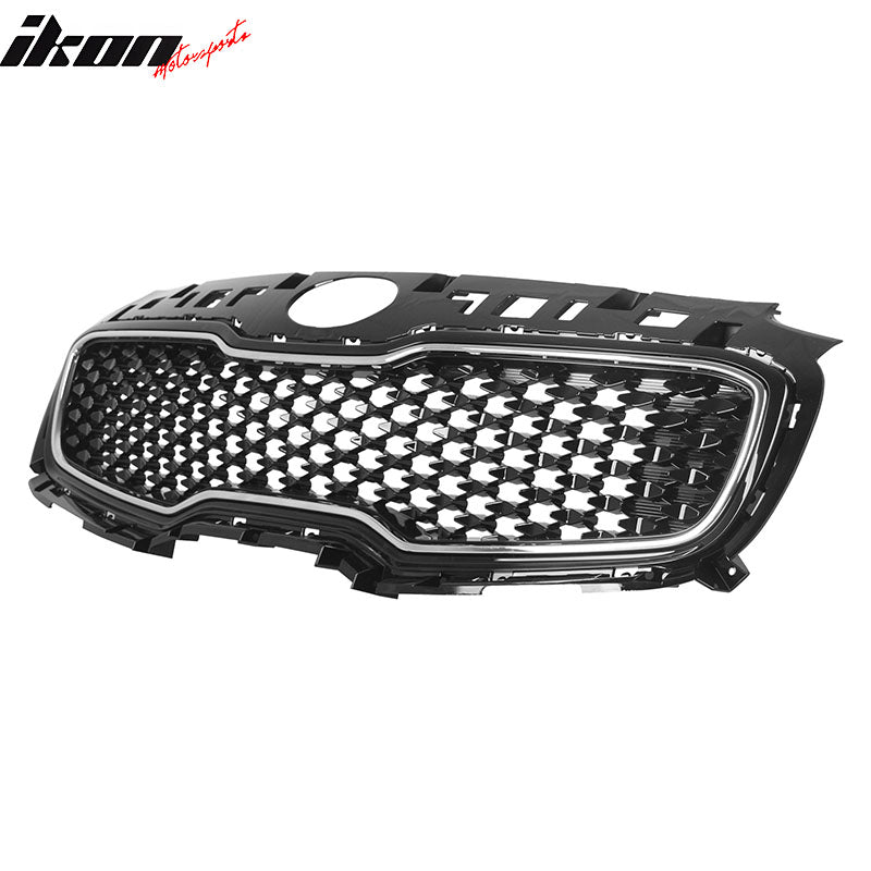 IKON MOTORSPORTS Front Upper Grille, Compatible with 2017-2019 Kia Sportage, OE Style Black w/ Gloss Black Chrome Trim ABS Replacement Front Bumper Hood Grill