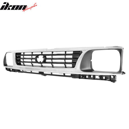 IKON MOTORSPORTS Front Upper Grille, Compatible with 1995-1997 Toyota Tacoma, OE Style Black Chrome ABS Replacement Front Bumper Hood Grill