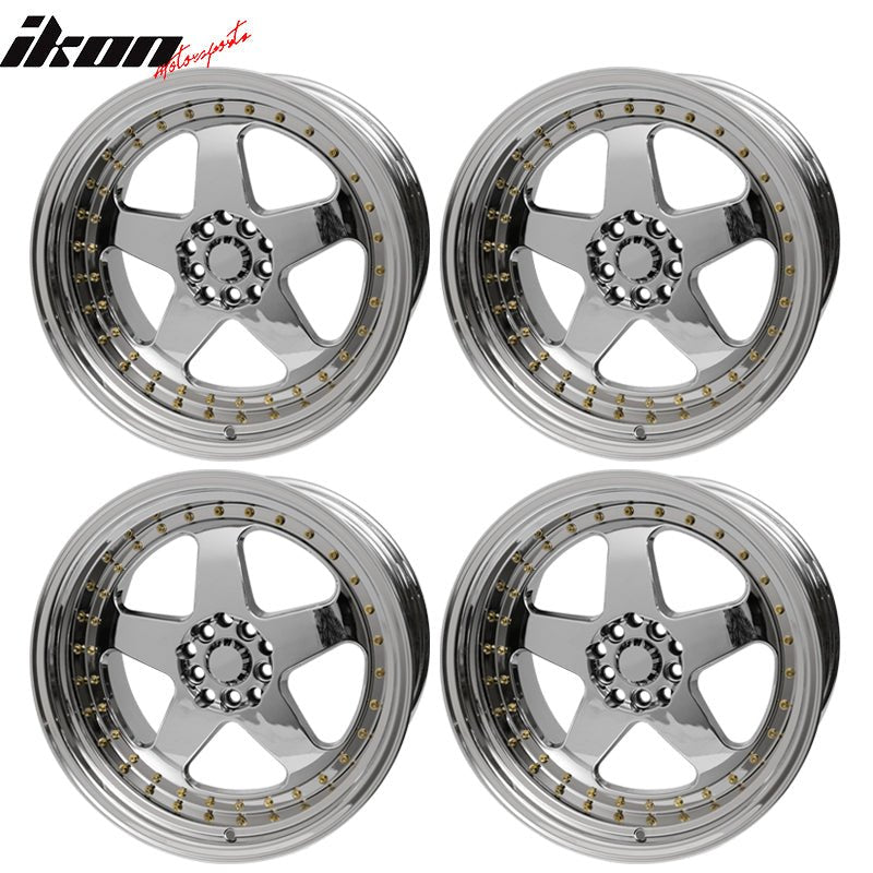 IKON MOTORSPORTS, (4) 18X9.0 +30 5X100 / 5X114.3 Step Lip 5 Spoke Wheels Rim Replacement for Acura Audi Chevy Chrysler Dodge Ford Genesis Infiniti, Full Platinum + Gold Rivets