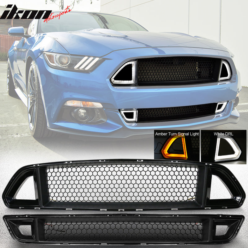 2015-2017 Ford Mustang Front Upper Mesh Grille Smoked DRL Turn Signal