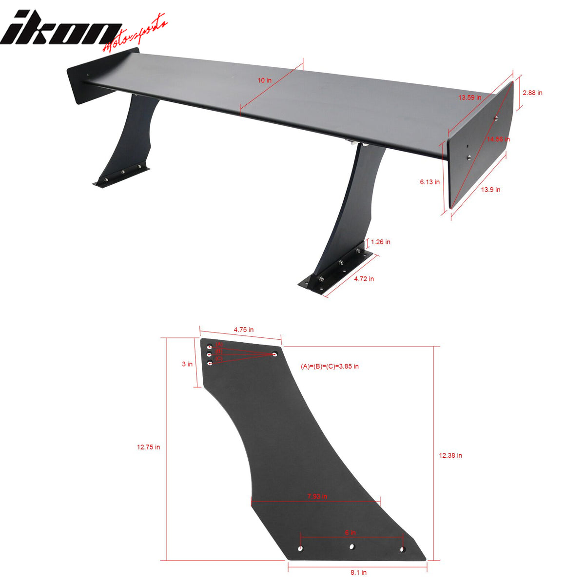 Universal 67" GTC300 Style Trunk Spoiler Rear Racing Wing (V4B Leg + Side Plate)