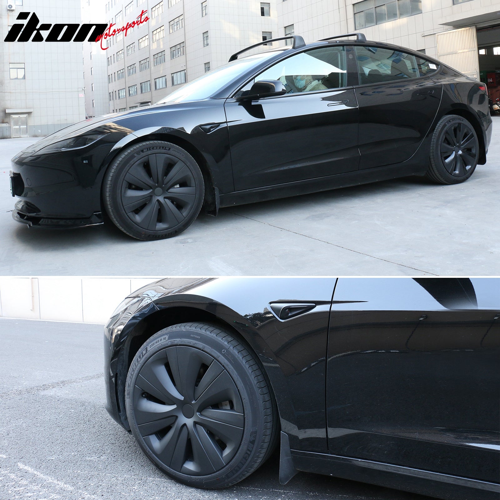 IKON MOTORSPORTS, Wheel Cover Compatible With 2024-2025 Tesla Model 3, Matte Black S Style ABS 18 Inch Hubcap Wheel Cover Rim Whirlwind Shaped Hub Cap Cyclone 4PCS