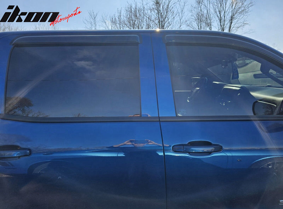 IKON MOTORSPORTS Tape On External Window Visors, Compatible With Crew Cab 2014-2018 Chevy Silverado 1500 2500 3500 GMC Sierra, Dark Smoke Acrylic Window Visor Wind Sun Rain Vent Guards 4PC