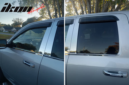 IKON MOTORSPORTS Tape On External Window Visor, Compatible With 2009-2018 Dodge Ram 1500 Quad Cab, 2019-2023 Ram 1500 Classic Quad Cab; Slim Style Acrylic Smoke Tinted 4PCS