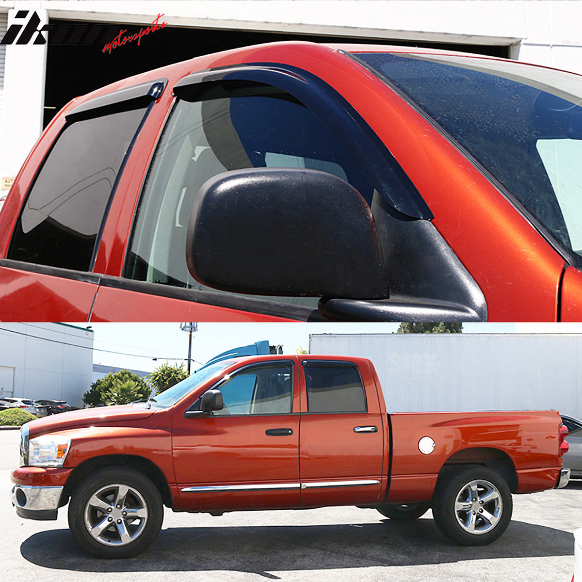 IKON MOTORSPORTS Tape On External Window Visor, Compatible With 2002-2009 Dodge Ram Quad Cab, Slim Style A Grade Acrylic Unpainted Black Sun Rain Shade Guard Wind Vent Air Deflector