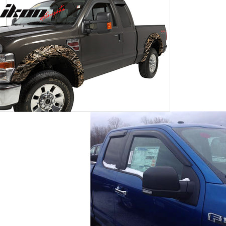 IKON MOTORSPORTS Tape On External Window Visor, Compatible With  15-22 Ford F150 17-21 F250-F550 Extended Supercab, Slim Style Acrylic Black Sun Rain Guards Cover