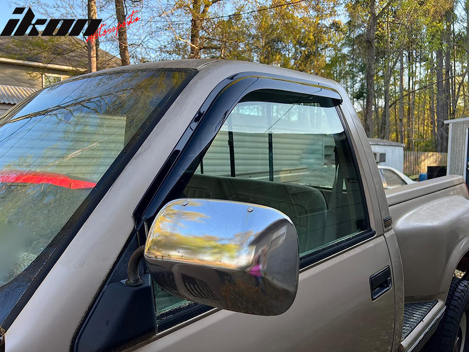 IKON MOTORSPORTS Tape On External Window Visor, Compatible With 1988-1998 Chevy C & K Reg Cab Pickup, Slim Style Acrylic Smoke Tinted Sun Rain Wind Guards Shield Vent